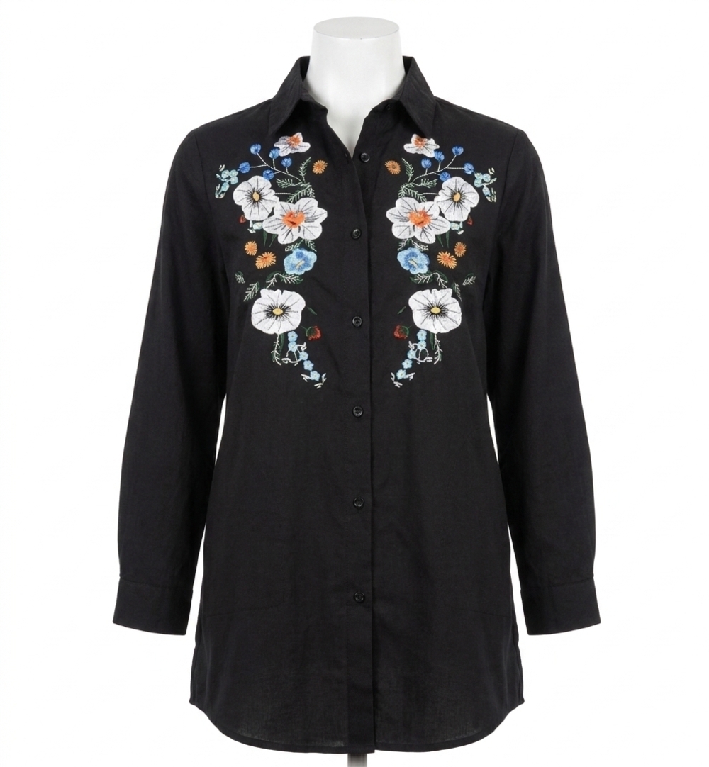 NEW VELZERA floral embroidered shirt - plus in black